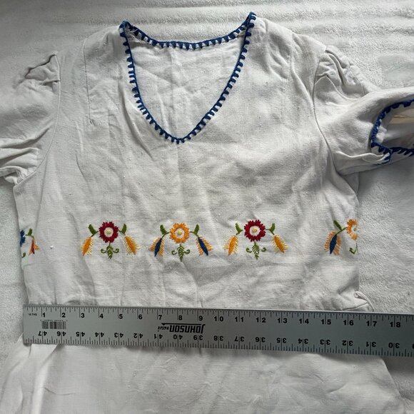 Vintage Womens White Embroidered Floral Cotton Dress V-Neck Short Sleeve - Picture 5 of 10